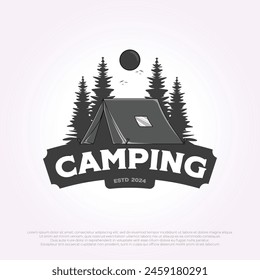 tienda en un diseño de Vector de logotipo de bosque. Plantilla de campamento de tienda con fondo de pino