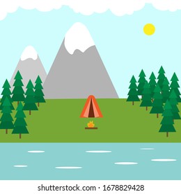 Tent in the forest, mountains and lake, campfire. Camping, outdoor recreation concept. Vector stock illustration.