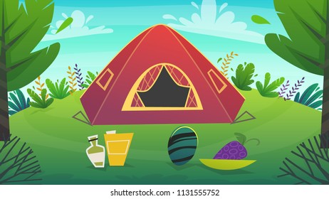 tent at forest rest camping at red tent with food picnick . wild tourism weekend at green grass field and trees , nature plants . beautiful serenity cheerful cartoon style , vector background