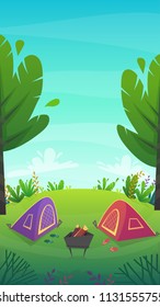 tent at forest rest camping at red tent with food picnick . tourism weekend at green grass field and trees , nature plants . beautiful serenity cheerful cartoon style , vector background