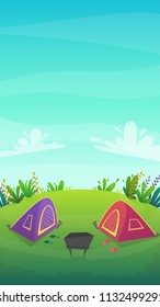 tent at forest rest camping at red tent with food picnick . tourism weekend at green grass field and trees , nature plants . beautiful serenity cheerful cartoon style , vector background