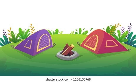 tent at forest rest camping at red tent with food picnick . wild tourism weekend at green grass field and trees , nature plants . beautiful serenity cheerful cartoon style , vector background