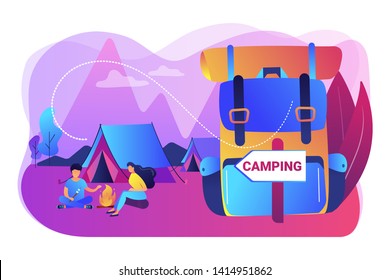 Tent in forest, tourists hiking, backpacking holiday. Summer camping, family camping adventure, sleepaway camp, best camping gears here concept. Bright vibrant violet vector isolated illustration