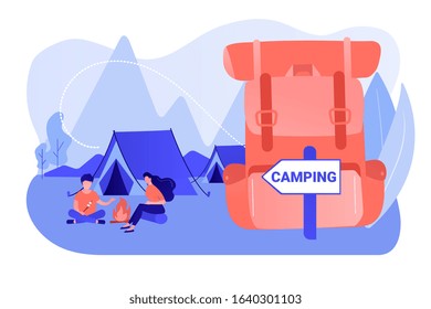 Tent in forest, tourists hiking, backpacking holiday. Summer camping, family camping adventure, sleepaway camp, best camping gears here concept. Pinkish coral bluevector isolated illustration