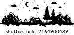 Tent in Forest vector, Camping silhouette, Outdoors, Camper In Forest illustration, Mountains, Campfire design, Pine Trees