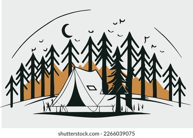 Tent in Forest vector, Camping silhouette, Outdoors, Camper In Forest illustration, Mountains, Campfire design, Pine Trees
