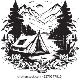 Tent in Forest vector, Camping silhouette, Outdoors, Camper In Forest illustration, Mountains, Campfire design, Pine Trees. Camping adventure Vector graphic for t-shirt prints and other uses.