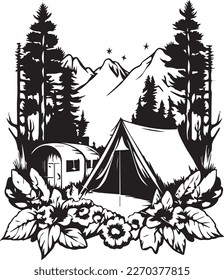 Carpas en vectores forestales, silueta de camping, exterior, ilustración de camper in Forest, montañas, diseño de fogatas, pinos. Gráfica Vector de aventura de camping para impresiones de camisetas y otros usos.