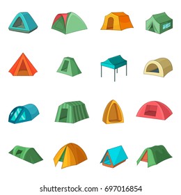 Tent forms icons set. Cartoon illustration of 16 tent forms vector icons for web