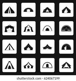 Tent forms icons set in white squares on black background simple style vector illustration