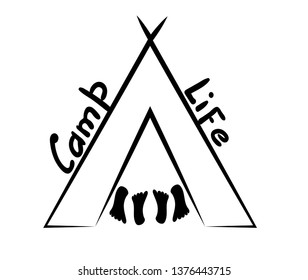 Tent and four heels. Inscription Kemp Life. Vector illustration in linear style. Minimalistic black and white print to print a mug, clothes, road emblem on the glass.