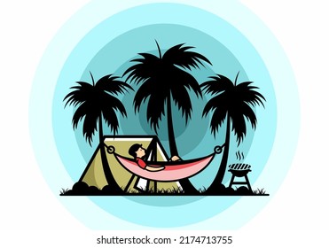 Tent and hammock with coconut trees illustration design