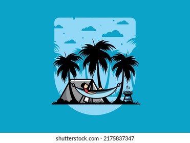 Tent and hammock with coconut trees illustration design