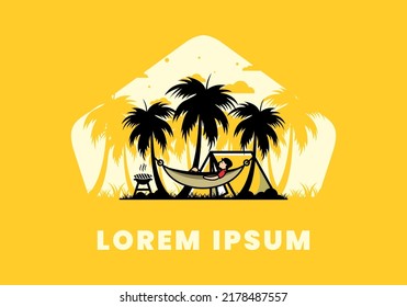 Tent and hammock with coconut trees illustration design