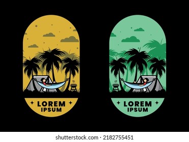 Tent and hammock with coconut trees illustration design