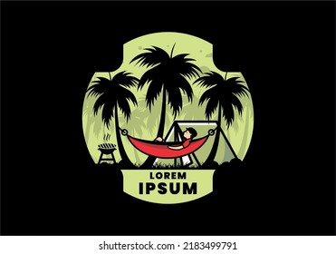Tent and hammock with coconut trees illustration design