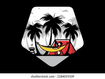 Tent and hammock with coconut trees illustration design