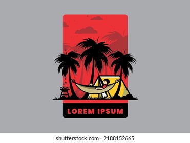 Tent and hammock with coconut trees illustration design