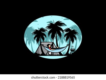 Tent and hammock with coconut trees illustration design