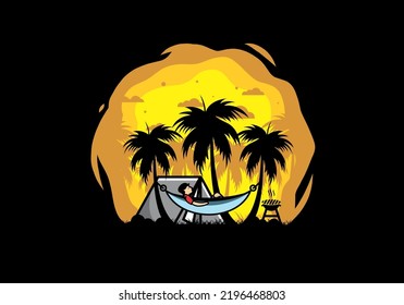Tent and hammock with coconut trees illustration design