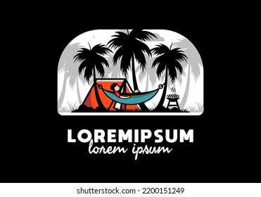 Tent and hammock with coconut trees illustration design