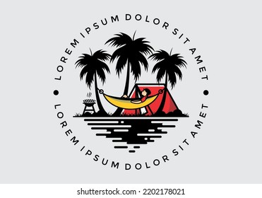 Tent and hammock with coconut trees illustration design