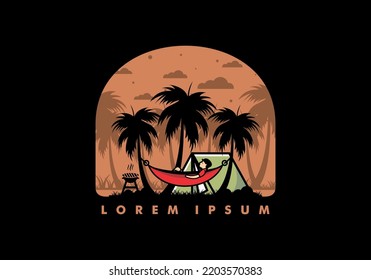 Tent and hammock with coconut trees illustration design