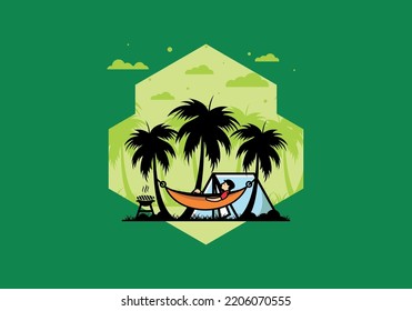 Tent and hammock with coconut trees illustration design
