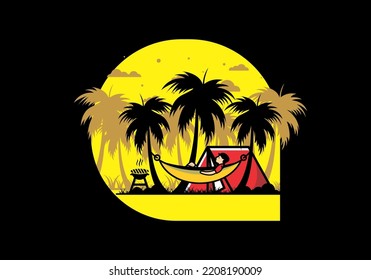 Tent and hammock with coconut trees illustration design