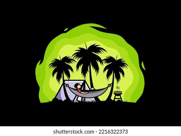 Tent and hammock with coconut trees illustration design