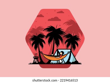 Tent and hammock with coconut trees illustration design