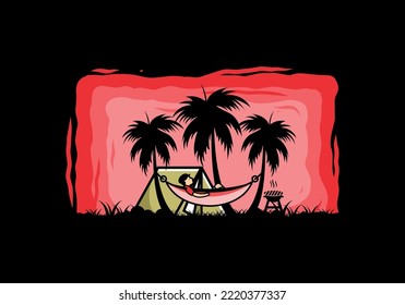 Tent and hammock with coconut trees illustration design