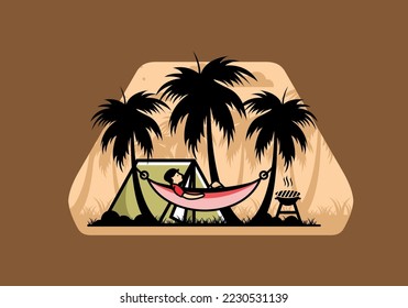 Tent and hammock with coconut trees illustration design