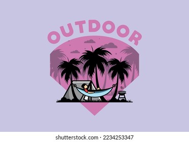 Tent and hammock with coconut trees illustration design