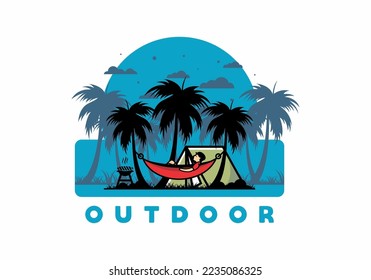 Tent and hammock with coconut trees illustration design