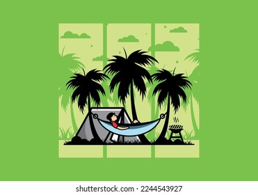 Tent and hammock with coconut trees illustration design