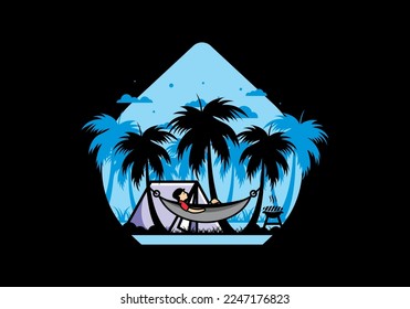 Tent and hammock with coconut trees illustration design