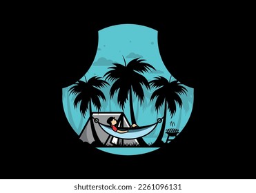 Tent and hammock with coconut trees illustration design