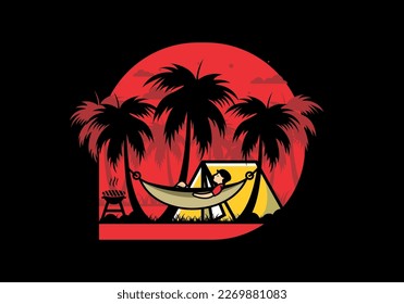 Tent and hammock with coconut trees illustration design