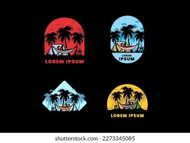 Tent and hammock with coconut trees illustration design