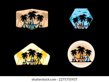 Tent and hammock with coconut trees illustration design