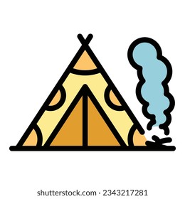 Vector de contorno de icono de excursión de carpas. La gente es la naturaleza. Color del bosque ecoturístico