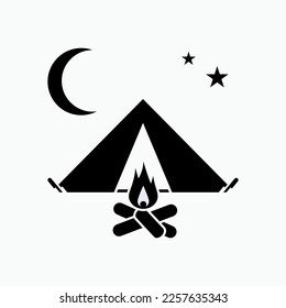 Tent Icon. Camping, Camp Symbol with Bonfire.