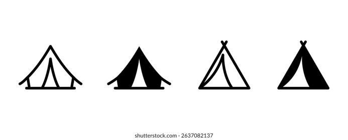Tent icon. Camping tent and teepee styles representing temporary outdoor shelters vector illustration. Ideal for nature trips, forest vacations, and hiking retreats symbol. Outdoor travel pictogram.