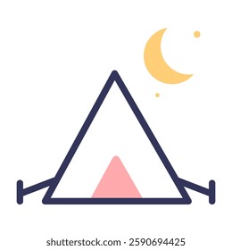 Tent icon with editable stroke. Camping atmosphere at night with crescent moon and stars