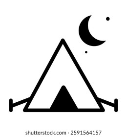 Tent icon with editable stroke. Camping atmosphere at night with crescent moon and stars