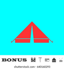 Tent icon flat. Red pictogram on blue background. Vector illustration symbol and bonus buttons Music center, corkscrew, credit card, house, drum