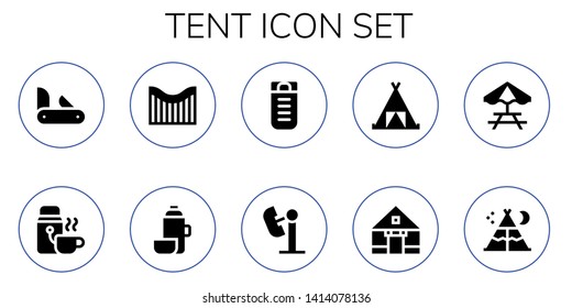 tent icon set. 10 filled tent icons.  Simple modern icons about  - Penknife, Thermo, Roller coaster, Sleeping bag, Amusement park, Tent, Picnic table