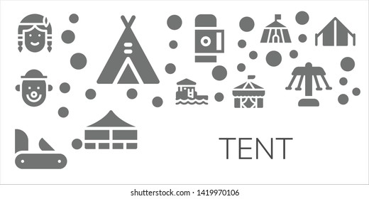 tent icon set. 11 filled tent icons.  Collection Of - Native american, Tent, Clown, Bungalow, Penknife, Circus, Thermo, Jaima Carousel