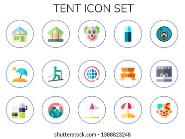 tent icon set. 15 flat tent icons.  Collection Of - bungalow, sun umbrella, cabin, climbing, clown, travel, thermo, picnic table, stage